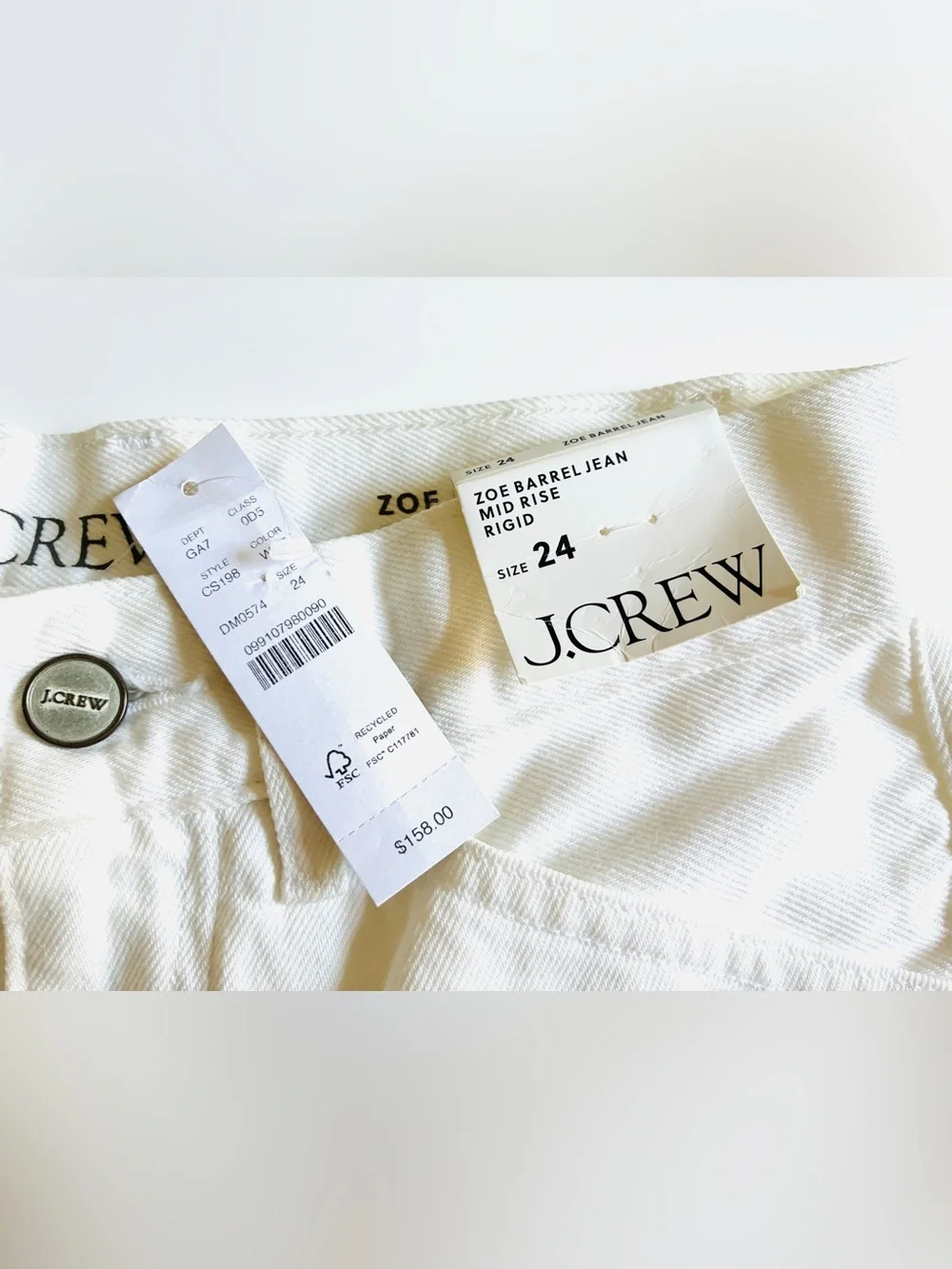 J. Crew Women’s Zoe barrel jean. Raw Hem White.24. NWT.